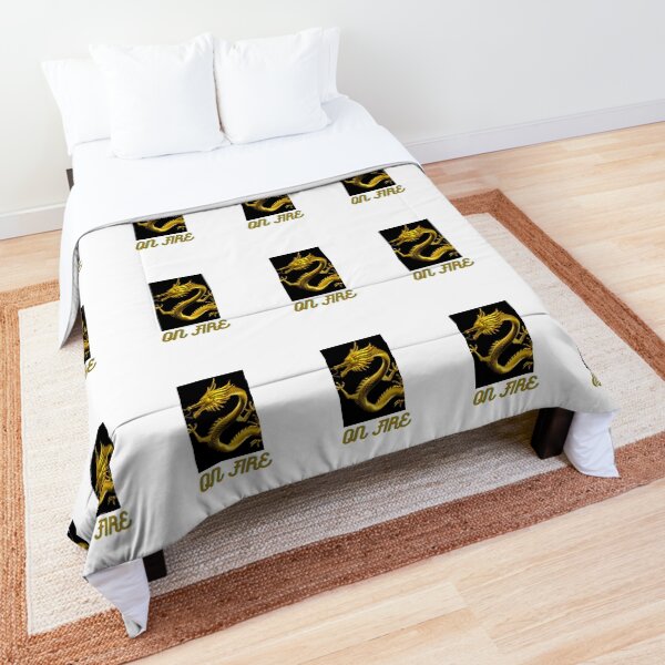 Gold Dragon Breathing Fire , Mystical Dragon, On Fire Quote Comforter