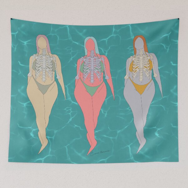 Item preview, Three Bikini mermaids with rib cage and blue background by Gorilla Bark designed and sold by GorillaBark.