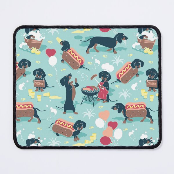 Item preview, Hot dogs and lemonade // aqua green background navy and brown dachshunds  designed and sold by SelmaCardoso.