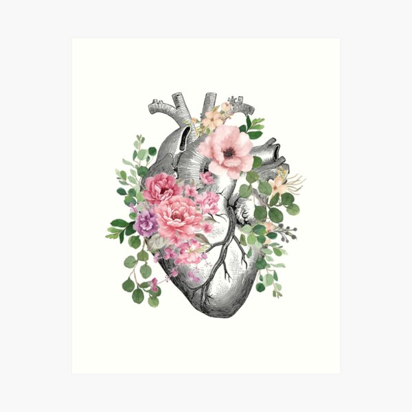 Bloom Floral Heart Human Anatomy pink roses flowers Art Print