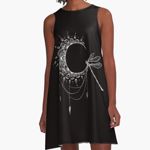 Intricate Half Crescent Moon with Dragonfly Tattoo Design A-Line Dress