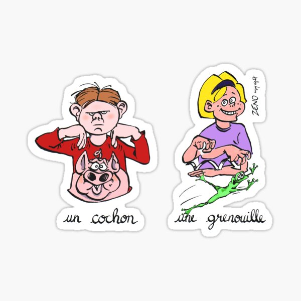 Vista previa del artículo con la obra «taza viaje cochon grenouille langue des signes», diseñado y vendido por zeno-cartoonist.