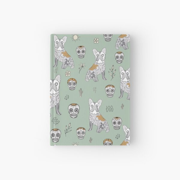 Teal green and Mustard colour Modern Mexican Folk art with cute french bulldog and Mexican sugar skulls Halloween pattern Hardcover Journal