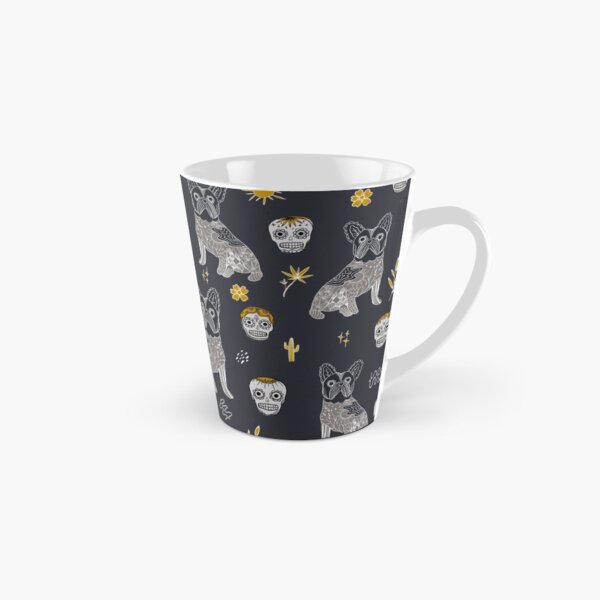 Dark grey and Mustard colour Modern Mexican Folk art with cute french bulldog and Mexican sugar skulls Halloween pattern Tall Mug