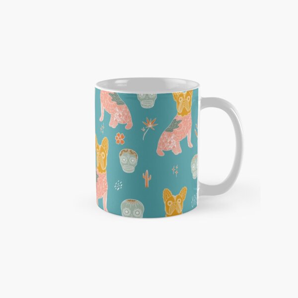 Bold colourful Modern Mexican Folk art with cute french bulldog and Mexican sugar skulls Halloween pattern Classic Mug