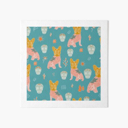 Bold colourful Modern Mexican Folk art with cute french bulldog and Mexican sugar skulls Halloween pattern Art Board Print