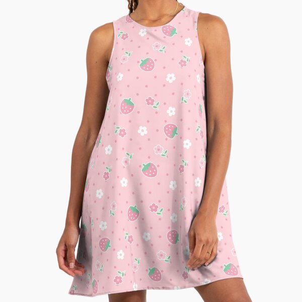 Strawberries Pink Flowers Dots Kawaii Cute Pastel" A-Line Dress for Sale by candymoondesign | Redbubble Strawberries Pink Flowers Dots Kawaii Cute Pastel" A-Line Dress for Sale by candymoondesign | Redbubble