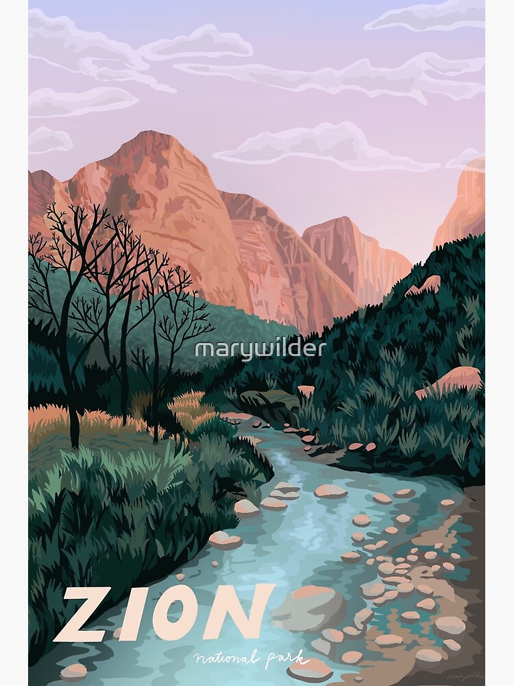 Discover Zion National Park, Utah, National Parks Art, Angels Landing Illustrated, Vintage Style Premium Matte Vertical Poster