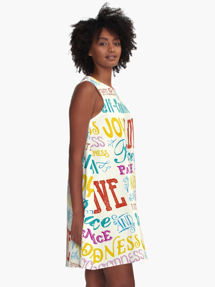 Alternate view of Love Joy Peace Patience Kindness Goodness Typography Art A-Line Dress