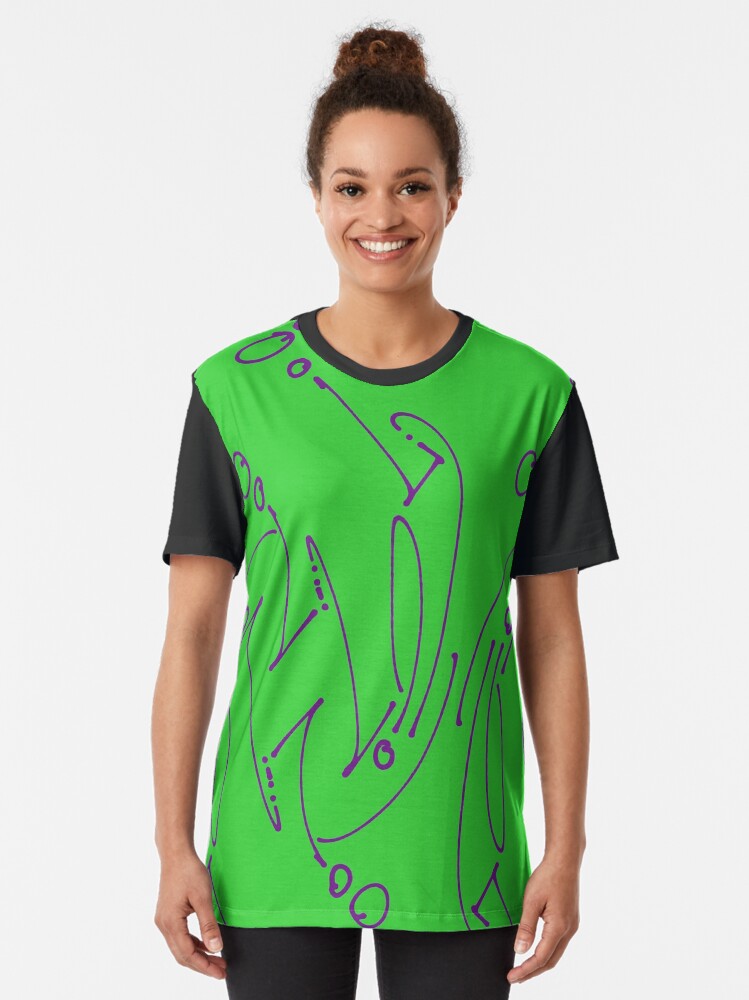 Alternate view of Purple Pattern Graffiti Style Drawing on Lime Green Graphic T-Shirt