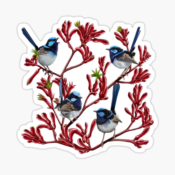 Blue Wrens in Kangaroo Paw Flowers Repeated Pattern by Australian artist Laural Retz Sticker
