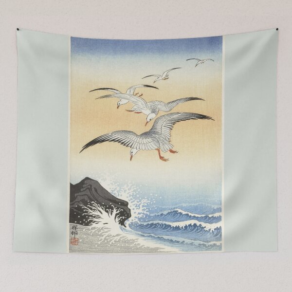 Item preview,  Five seagulls above turbulent sea (1900 - 1930) by Ohara Koson designed and sold by CristalleLisa.