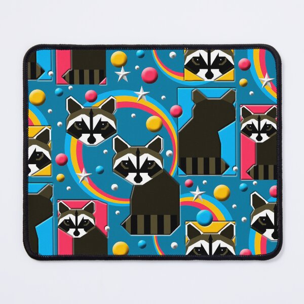 1980's Retro Raccoons in Aquas, Pinks, and Yellows with White Stars Mouse Pad