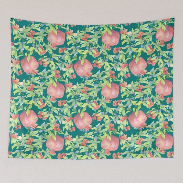 Item preview, Greens with pomegranate fruits and red flowers designed and sold by RinaGrinchik.