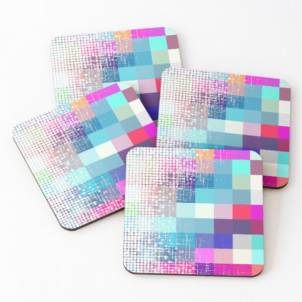 Item preview, graphic design geometric pixel square pattern and circle pattern abstract background in blue pink red designed and sold by Mrvell.