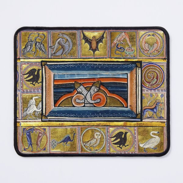 Item preview, MEDIEVAL BESTIARY,TWO KNIGHTS HOLDING SHIELDS, FANTASTIC ANIMALS IN GOLD RED BLUE COLORS designed and sold by BulganLumini.
