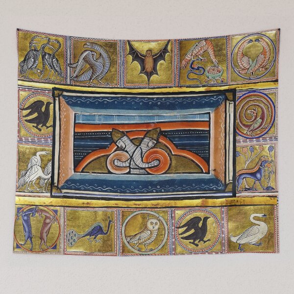 Item preview, MEDIEVAL BESTIARY,TWO KNIGHTS HOLDING SHIELDS, FANTASTIC ANIMALS IN GOLD RED BLUE COLORS designed and sold by BulganLumini.