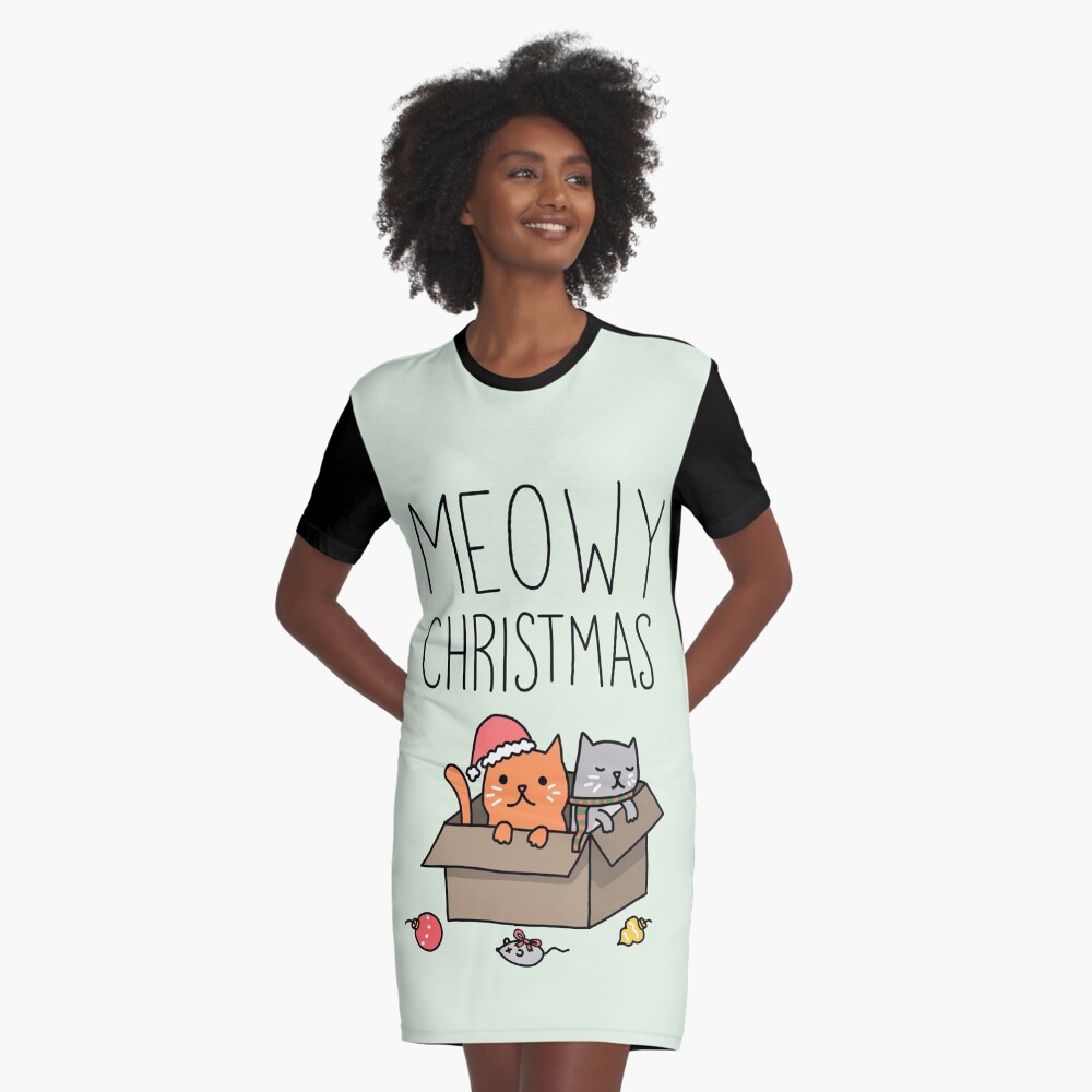 Meowy Christmas Cat Holiday Pun Graphic T-Shirt Dress