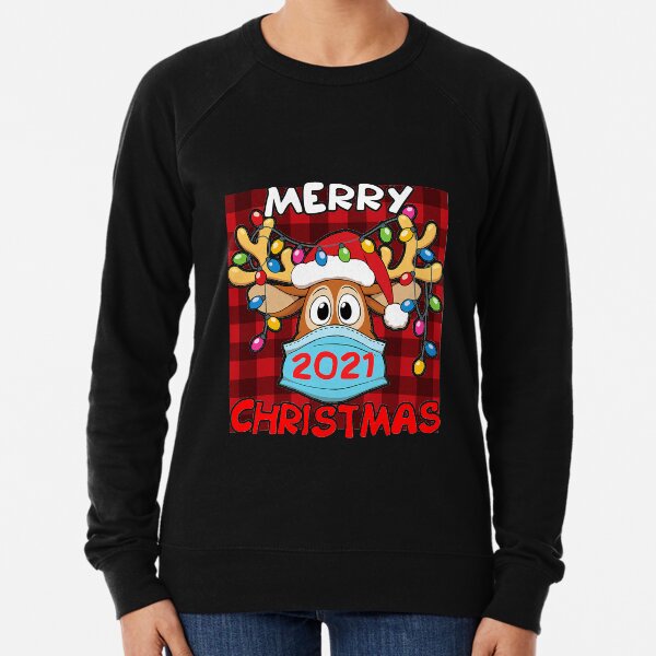 Reindeer In Mask Matching Family Pajama Merry Christmas 2021 Lightweight Sweatshirt