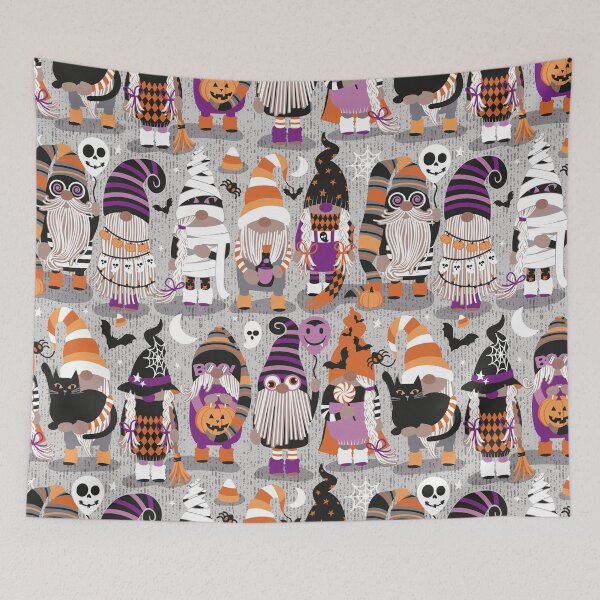 Item preview, Boo-tiful gnomes // grey background fun little creatures black grey purple and orange dressed for halloween designed and sold by SelmaCardoso.
