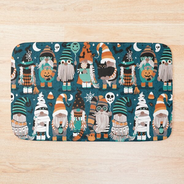 Item preview, Boo-tiful gnomes // dark teal background fun little creatures black grey green mint and orange dressed for halloween designed and sold by SelmaCardoso.