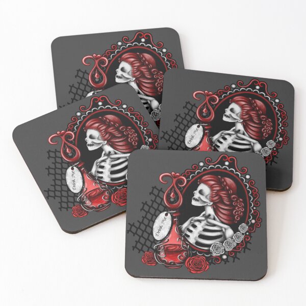 Item preview, Red Skeleton Girl in Mirror Drink Me Bottle Red and White Roses designed and sold by DeneboArt.
