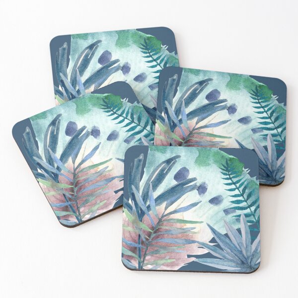 Item preview, Tropical Green and Blue Leaves with Feather Fan on Dark Blue Background (1of3) designed and sold by DzineVine.