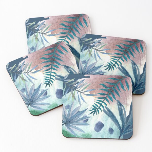 Item preview, Tropical Green and Blue Leaves with Feather Fan on Dark Blue Background (2of3) designed and sold by DzineVine.
