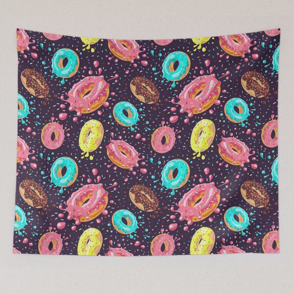 Item preview, Donuts Pattern with Pink, Chocolate, Lemon, Blue Mint Glaze Falling on Dark Background, Donut, Pattern designed and sold by graphic-genie.