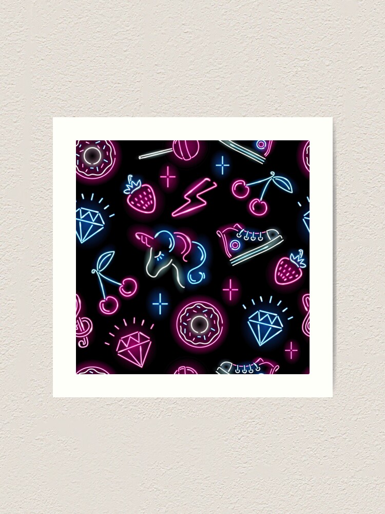 Donuts Pattern with neon icons of unicorn face, strawberry, diamond,  cherry, donut, lollypop, sneaker on black background, Donut, Pattern Art  Print