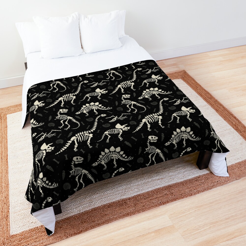 Dinosaur Fossils in Black Comforter