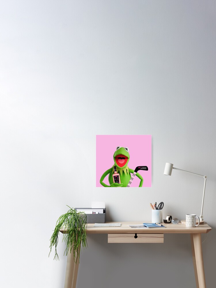 Green Frog Doll Sipping Pink Drink | Poster