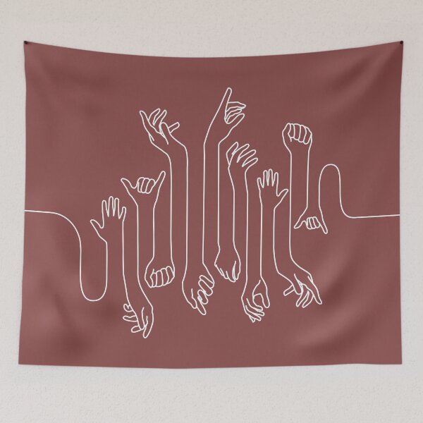 Item preview, Minimal, modern style hands line art with white outline and dark red background designed and sold by CiniArt.