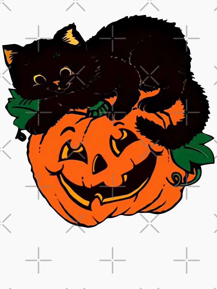 Aperçu 3 sur 3. T-shirt baseball manches ¾ avec l'œuvre Citrouille d'Halloween vintage et chat noir créée et vendue par MeckoArt.