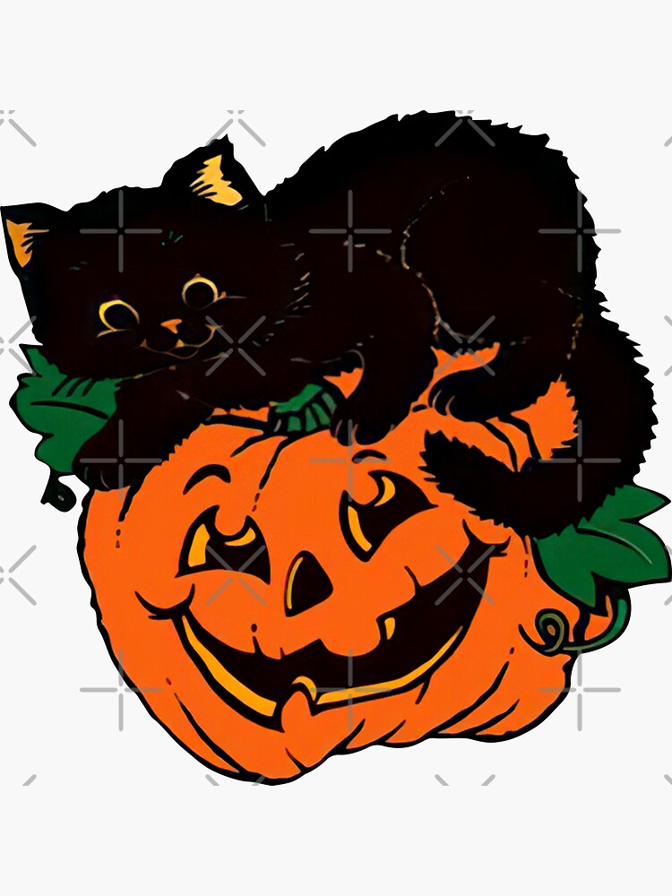 Aperçu 3 sur 3. Sticker avec l'œuvre Citrouille d'Halloween vintage et chat noir créée et vendue par MeckoArt.