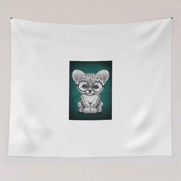 Item preview, Cute Snow Leopard Cub Wearing Glasses on Teal Blue designed and sold by JeffBartels.