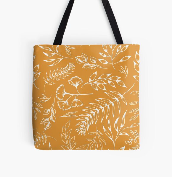 Weißes botanisches Blumenblattmuster mit Herbstfarben, senfgelb Allover-Print Tote Bag