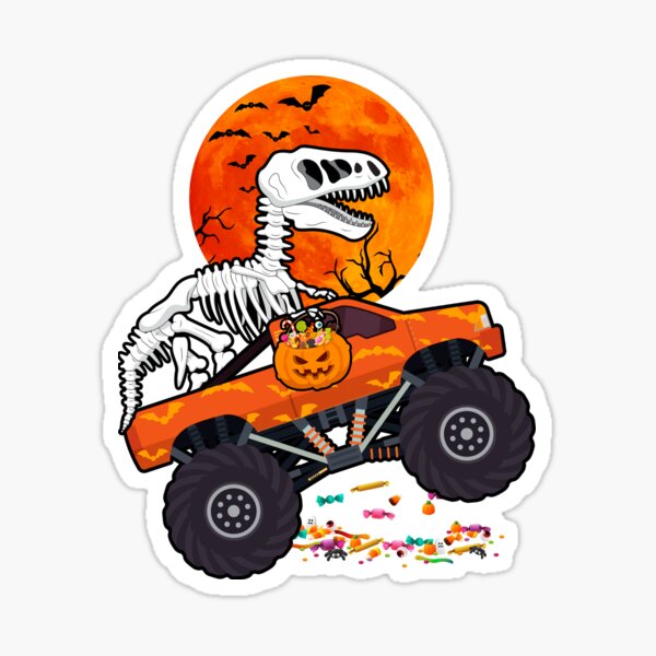 Sticker for Sale avec l'œuvre « Squelette D'équitation Dinosaure Monster  Truck Halloween » de l'artiste TheWildStyle