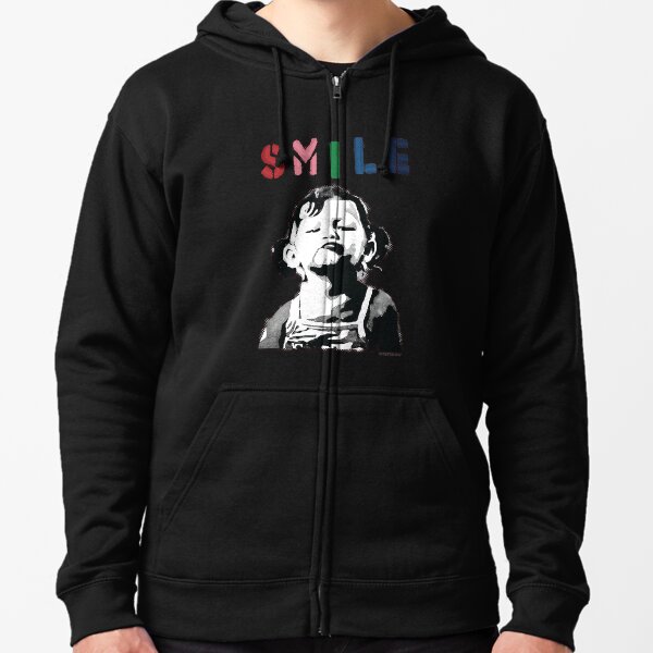 Banksy graffiti Quote SMILE with girl not smiling Girl Power resistance HD HIGH QUALITY ONLINE STORE Zipped Hoodie