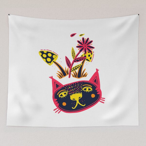 Item preview, Colorful cat, flowers and mushrooms design designed and sold by Petru&Myself.