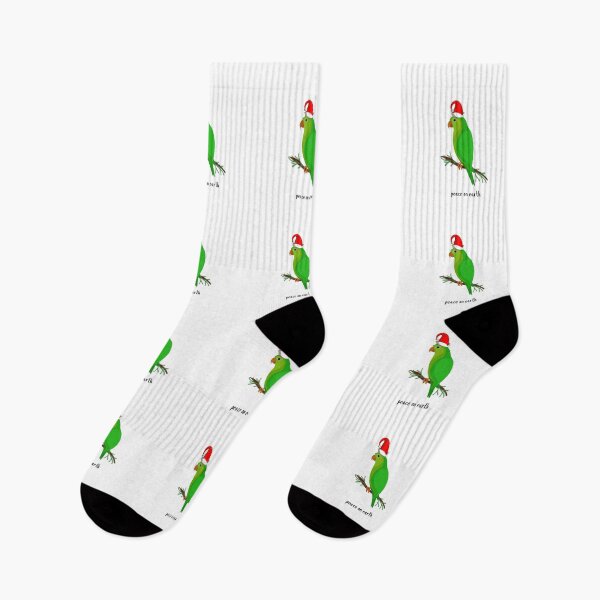 Item preview, “PEACE ON EARTH” Green Parakeet on Branch with Santa Cap designed and sold by EllieMonroe.