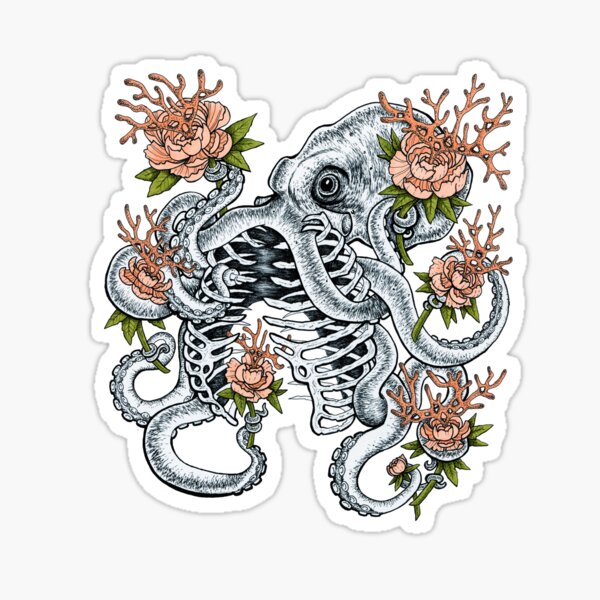 Ribcage Octopus with Peony Flowers Sticker