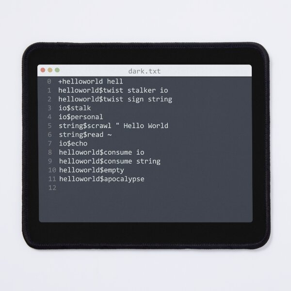 Item preview, . dark language Hello World program sample in editor window designed and sold by IuriiVlasenko.