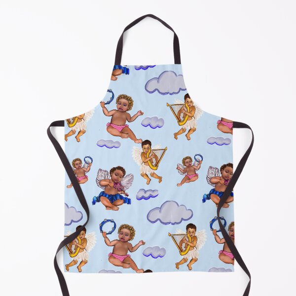 Item preview, Orchestra of Curly haired Angels pattern in blue the cherubs are playing the tambourine, violin and harp - blissful Sun kissed curly haired Baby cherub angel classical art designed and sold by Artonmytee.