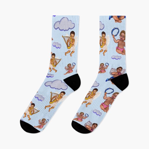 Item preview, Orchestra of Curly haired Angels pattern in blue the cherubs are playing the tambourine, violin and harp - blissful Sun kissed curly haired Baby cherub angel classical art designed and sold by Artonmytee.