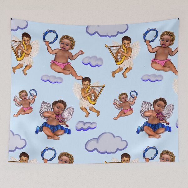 Item preview, Orchestra of Curly haired Angels pattern in blue the cherubs are playing the tambourine, violin and harp - blissful Sun kissed curly haired Baby cherub angel classical art designed and sold by Artonmytee.