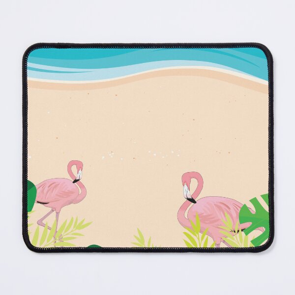 Item preview, Two pink flemingos by the sea beach with green leaves and blue sea designed and sold by risingrocket.