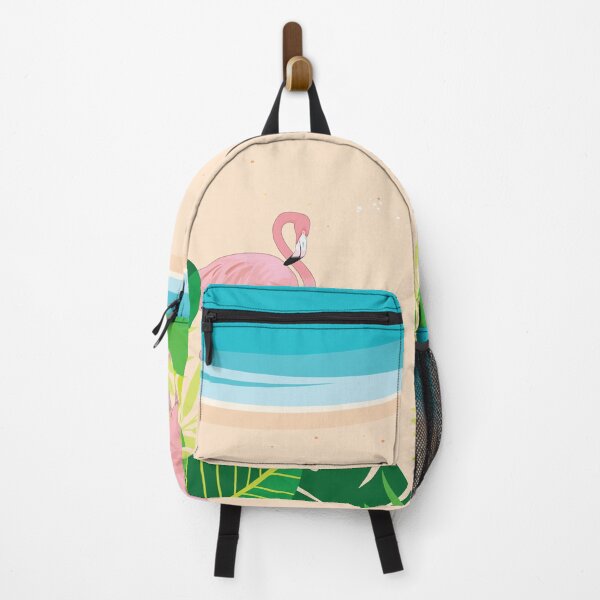 Item preview, Two pink flemingos by the sea beach with green leaves and blue sea designed and sold by risingrocket.