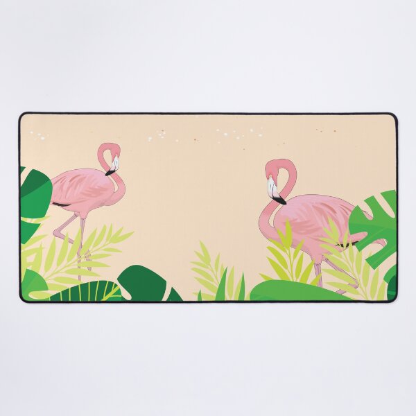 Item preview, Two pink flemingos by the sea beach with green leaves and blue sea designed and sold by risingrocket.