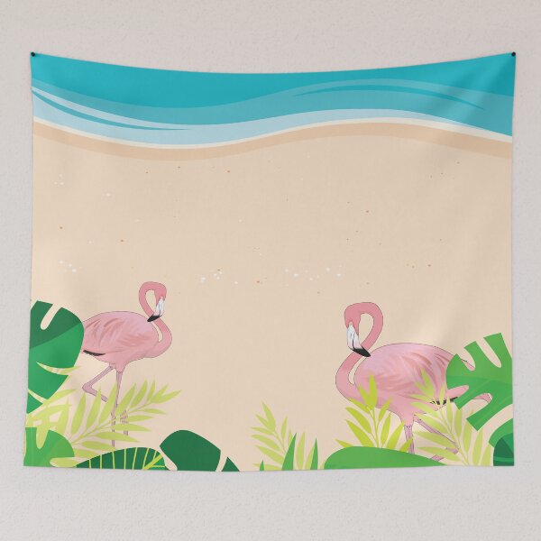 Item preview, Two pink flemingos by the sea beach with green leaves and blue sea designed and sold by risingrocket.